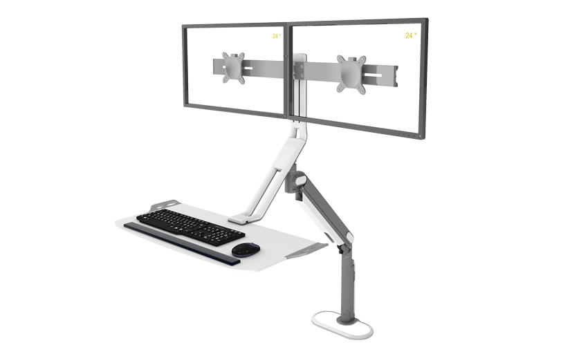 Dual monitor arm with keyboard tray